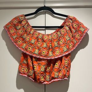 Top Shop off the shoulder top. Size 4, coral/ red with embroidery front and back